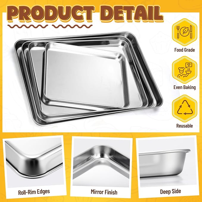 4 Pack Stainless Steel Sheet Baking Pans, 12/16/18/20 Inch Commercial Grade Cookie Sheets for Baking, Heavy Duty Stainless Steel Cookware Set, Non-stick, Non-toxic
