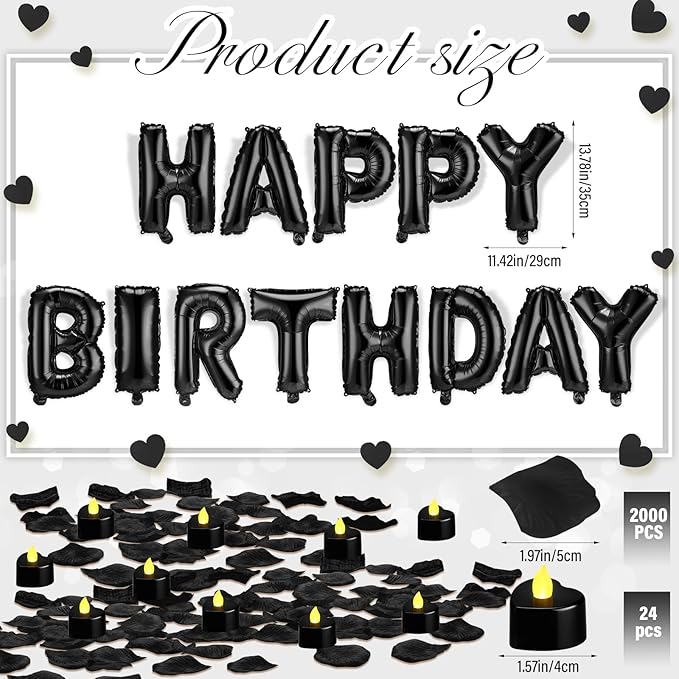 Black Happy Birthday Balloons Decorations Happy Birthday Letter Balloons Banner Set with 24pcs Heart Flameless LED Candles and 2000pcs Artificial Rose Petals for Women Men Room Party Decor