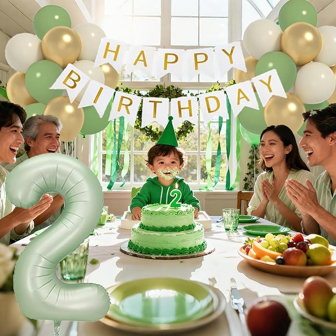 Sage 2nd Birthday Decorations For Boy -12 Inch Sage Balloons, 40 Inch 2 Balloon,, Happy Birthday Banner for Two Year Old BD Party Decorations