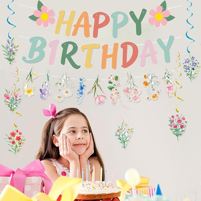 Zwiebeco Multicolored Flowers Happy Birthday Banner Bunting Hanging Paper Swirls Garland Party Decorations for Spring Summer Themed Boys Girls Kids Baby Shower Bday Decor Accessories Supplies