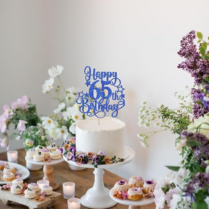 1 PCS Happy 65th Birthday Cake Topper Glitter Cheers to 65 Years Birthday Cake Pick Hello 65 Fabulous Cake Decoration for Happy 65th Birthday Anniversary Party Decorations Supplies Blue