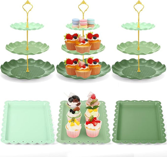FoldTier 6 Pack Cupcake Stand Set 3 Pcs 3 Tier Gradient Dessert Table Display Stands Cookie Tray Rack 3 X14 in Rectangle Party Trays for Wedding Birthday Tea Party Baby Shower(Green,Round)