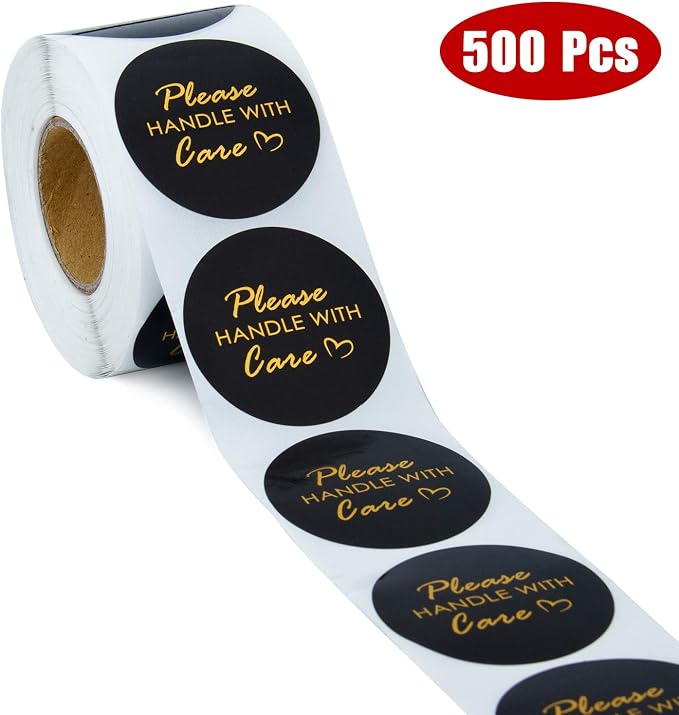 WRAPAHOLIC 2 Inch 500 Total Labels - Please Handle with Care Stickers - Gold Foil Business Thank You Stickers, Shipping Stickers for Party Decorations and Craft