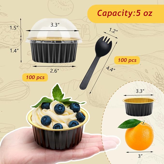 5oz Mini Cake Baking Pans with Lids 100 Pack,LNYZQUS Disposable Aluminum Cupcake Pan Small Muffin Tins,Mini Foil Baking Cups Containers for Custard Creme Brulee-Black