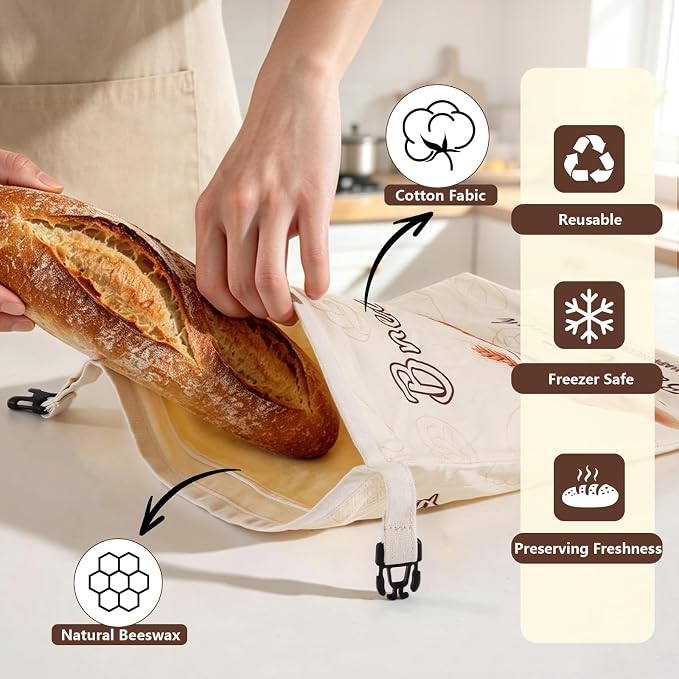 Beeswax Bread Bags for Sourdough, 2 Pack 17x13 Large Linen Bags with Zipper | Breathable Inner Lining, Moisture Lock, Moisture-proof & Fresh, Freezer Safe, Reusable & Washable, Zero Waste Kitchen