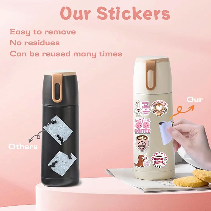 100 Pcs Coffee Lover Pink Stickers Funny Coffee Time Aesthetic Vinyl Waterproof Stickers for Water Bottles Cups Laptops Bike Car Luggage Skateboard