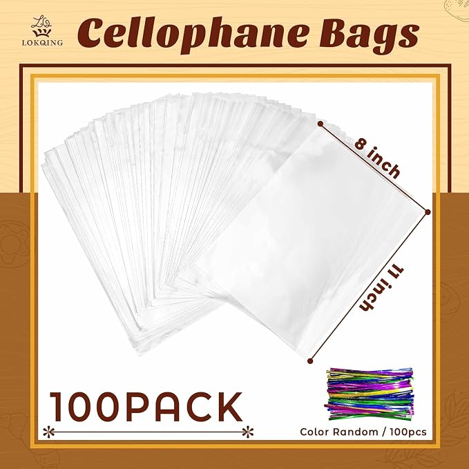 LOKQING Cellophane Bags Plastic Mothers Day Gift Bags Clear Cookie Treat Bags with Twist Ties for Party Favor, Graduation Gift Bags(100PACK, 8x11inch)