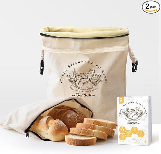 Bread Bags for Homemade Bread - 2 Packs XL Reusable Organic Beeswax Linen Cotton Sourdough Bag, Homesteading Essentials Sourdough Bags with Sealing Zip to Keep Fresh