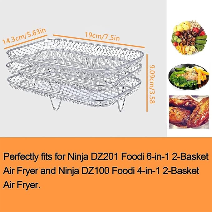 3 Layer Rectangle Air Fryer Rack Roasting Rack Fryer Cooling Tray Stackable Dehydrator Racks Rectangle Airfryer Basket Tray Mesh Roasting Racks Airfryer Accessories (Rectangle)