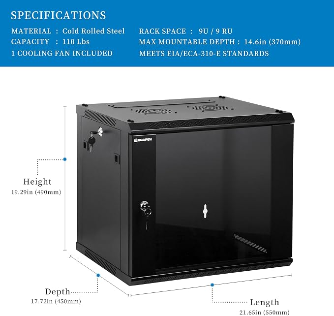 RackPath 9U Wall Mount Network Rack Cabinet – Quiet Cooling Fan, Locking Glass Door, 17.7" Deep (450mm), Removable Locking Side Panels, Fits 19" IT & A/V Equipment