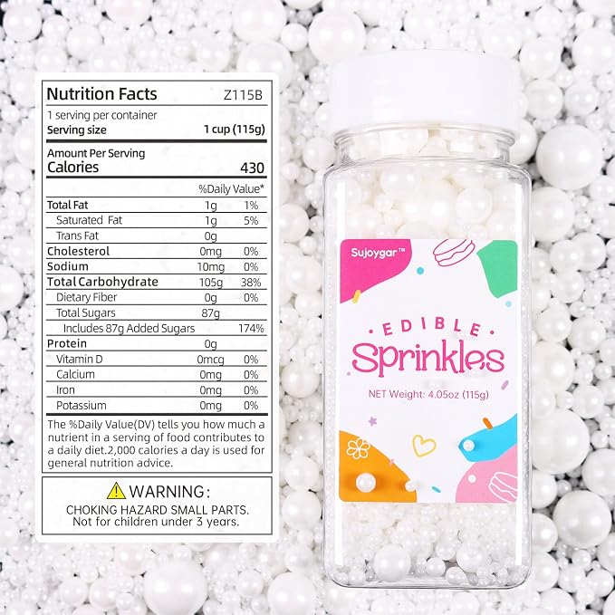 White Pearl Sprinkles for Cake Decorating, Edible Pearls Sugar for Baking Cupcake Toppers Ice Cream Cookie Wedding Party Birthday Valentines Celebrations Supplies, 4.05oz