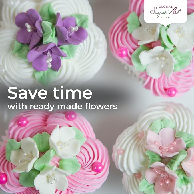 Global Sugar Art Blossom Sugar Cake Flowers Pink with Pearl Stamens, Unwired, 100 Count by Chef Alan Tetreault