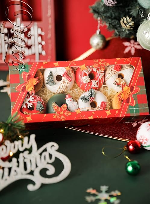 qiqee Christmas 12Packs Cookie Box with Window 12x5.5x2.5 Inch Two Uses Pastry Biscuit Bakery Box for Christmas