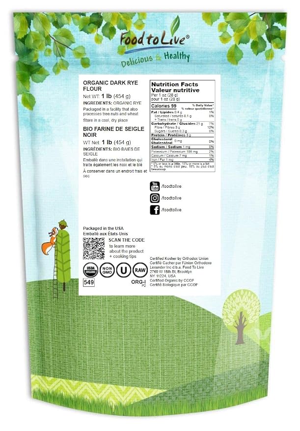 Food to Live Organic Dark Rye Flour, 1 Pound – Whole Grain, Non-GMO, Stone Ground, Kosher, Raw, Vegan, Bulk, Great for Baking Bread, Product of the USA