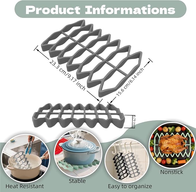 Silicone Roasting Rack, Nonstick Oven Baking & Cooling Rack for Meat, Fish, Vegetables - Heat Resistant, Dishwasher Safe Air Fryer Rack for Even Cooking & Easy Clean (2, Gray)