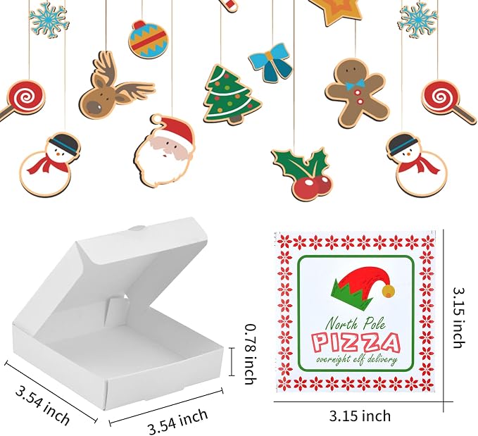 WANGDEFA 50 Pack Elf Mini Pizza Box Square Cardboard Mini Pizza Box with Elf Sticker for Celebrations, Party Favors, Christmas, Birthdays, Valentines Day, Weddings (3.54 x 3.54 x 0.78 inches)