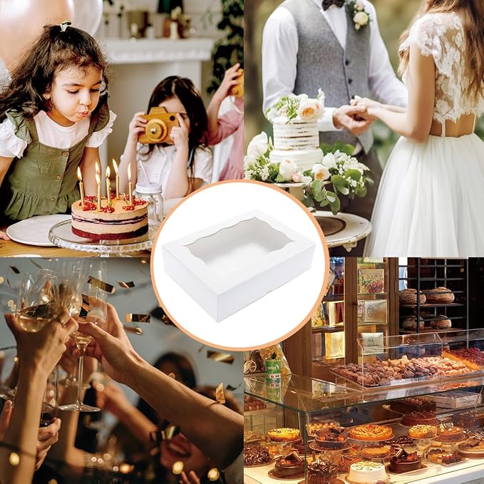 15 Pack 14x10x3.75 Inch Auto-Popup Large Rectangle Cake Boxes with Cake Boards, White Bakery Boxes for Quarter Sheet Cakes,Cupcakes, Brownie,Pie & Donuts