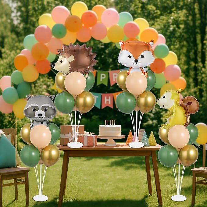 4 Sets Vbs Woodland Animals Party Balloons Stand Kit with Hedgehog Raccoon Fox Squirrel Foil Balloons Sage Green Brown Balloon Centerpiece for Tables for Forest Safari Jungle vbs Birthday Party Decor