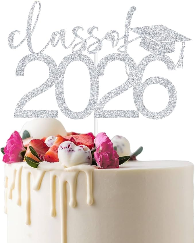 Class of 2026 Cake Topper, Congrats 2026 Cake Décor, Congrats Grad, Happy Graduation, High School/Senior/University Graduation Party Decorations Silver Glitter