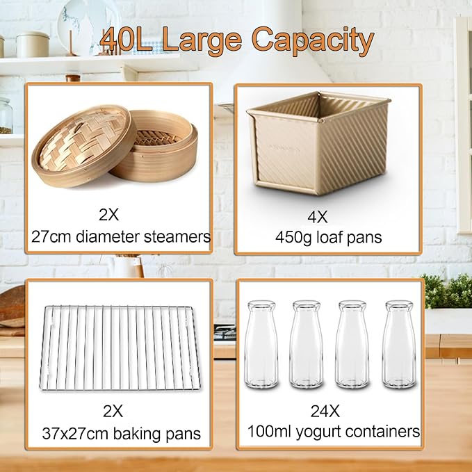 40L Bread Proofer for Sourdough Yogurt Natto,Kitchen Dough Yogurt Bread Proofing Box with Adjustable Temperature, Removable Electric Dough Proofer Timing and Humidity Control for Even Fermentation