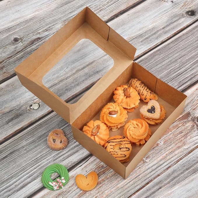 YEKTFS 24 Pcs Cookie Boxes with Window for Paper Gift Giving Brown Bakery Gift Boxes 9 x 6.3 x 3 Inch, Easy Estate Holiday Packaging for Cookie, Cupcaked, Donuts & Pastries