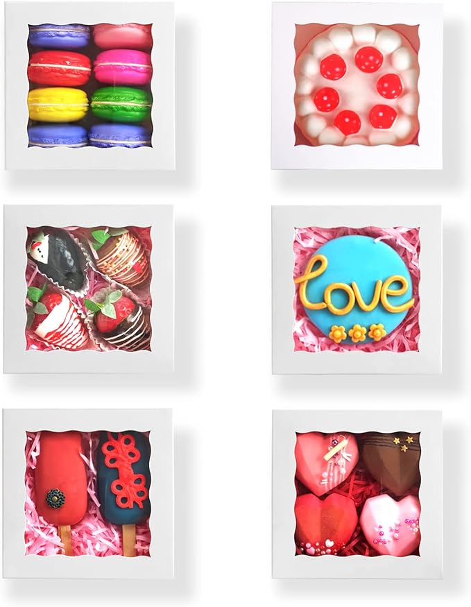 RomanticBaking 51PCS 5x5x2 Inch Bakery Boxes,Cookie Boxes with Window, Pastry Boxes for Macaroon Dessert Cupcake Donut Pastry Muffins