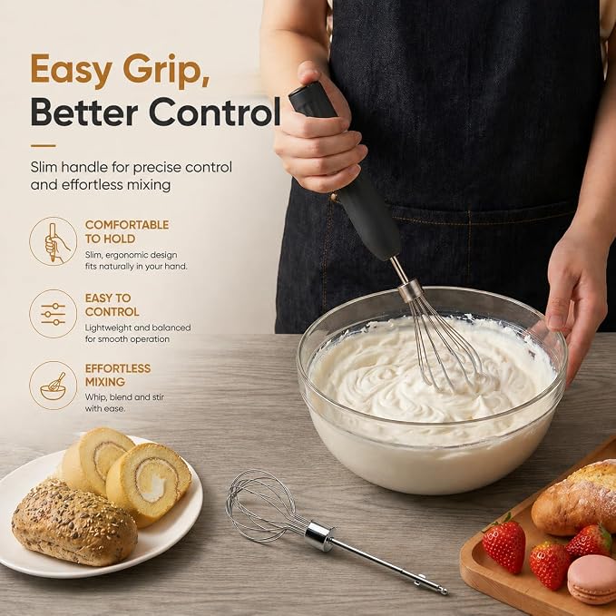 Handheld Electric Egg Beater Whisk,2-Speed USB-C Rechargeable Portable Wireless Balloon Whisk for Eggs, Milkshake Cream, Butter, Baby Food Fruits, Sauces and Soup for Kitchen,Camping Baking-Black