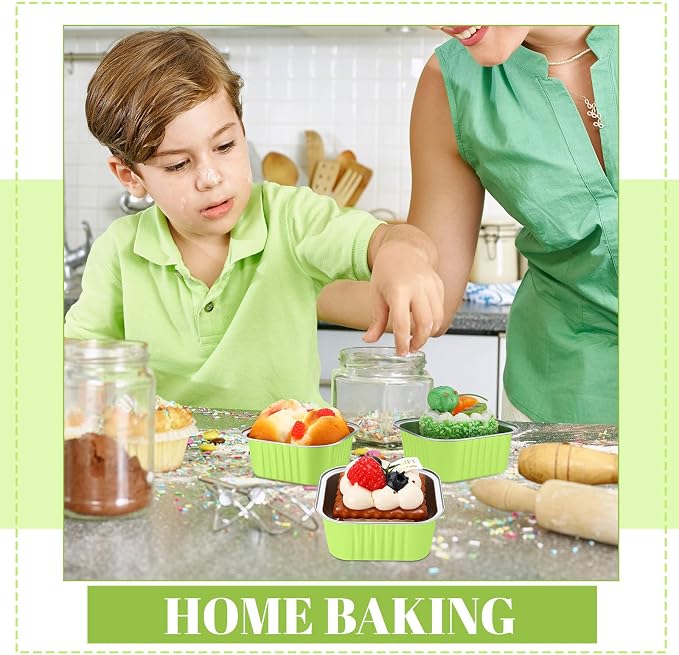 200 Pack 5 oz Mini Cake Pans with Lid, Aluminum Foil Mini Baking Tins, Square Disposable Cupcake Baking Cup Dessert Container for Wedding Birthday Party Picnic(Green,Classic)