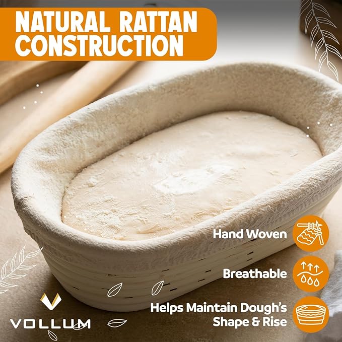 Vollum Banneton Bread Proofing Basket & Liner – Handmade Rustic Sourdough Bread Baking Supplies, Brotform Basket, Sour Dough Tools, Gifts for Bakers - Round - 8.5"D x 3"H