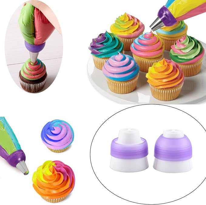 2 Pack Piping Bag Couplers Adapter Swirl Twist 3 Color Decorating Kit Tool for Icing Frosting Tips Russian Flower Mouth Nozzles Disposable Reusable Pastry Bags Cake Cupcake