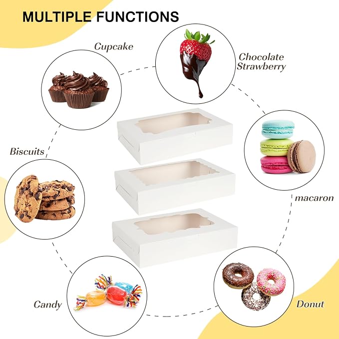TOMNK 60pcs Cookie Boxes, 12x8x2.5 Inches 3 Style Bakery Boxes, Treat Containers with Window for Candies, Chocolate Strawberries, Cakes, Muffins, Donuts