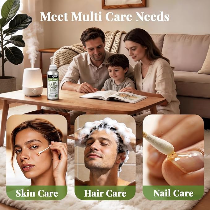 HIQILI Tea Tree Oil for Skin, Hair, Nail, Diffuser, Soap Making | Includes Four Portable Decanters - 1000mL / 32 fl.oz