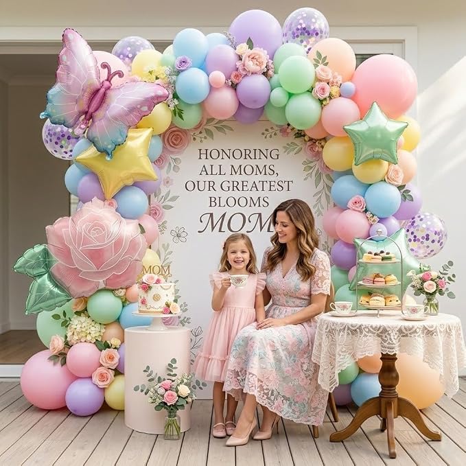 Pastel Spring Floral Mother's Day Party Decorations Kit - Macaron Balloon Arch with Butterfly, Pink Rose Flower Foil Balloons for Mother's Day Decor, Women's Birthday, Tea Party Supplies