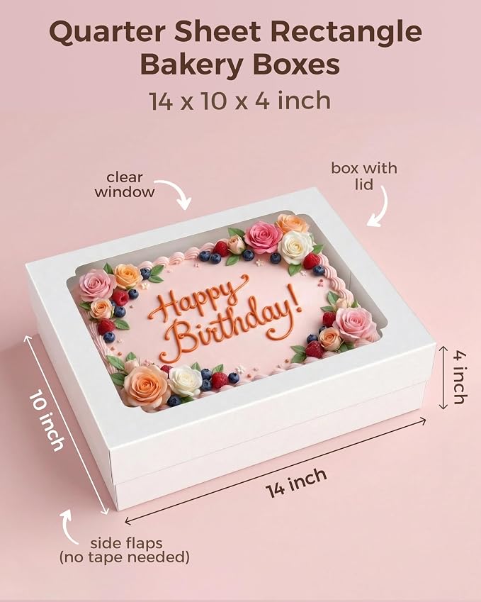 10pcs 14x10x4 inch Quarter Sheet Cake Boxes, White Large Rectangle Bakery Boxes with Window for Pastry, Donuts, Cupcakes, Pie, Cookies, Treat Packaging, Cajas para Pasteles with 80 Stickers