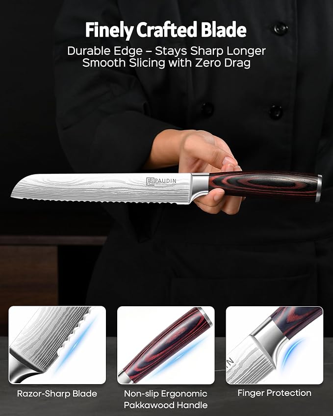 PAUDIN Bread Knife 8", Ultra Sharp Wave Edge - Forged Premium German HC Stainless Steel, Serrated Bread Knife for Homemade Bread and Sourdough Bread, Pakkawood Handle