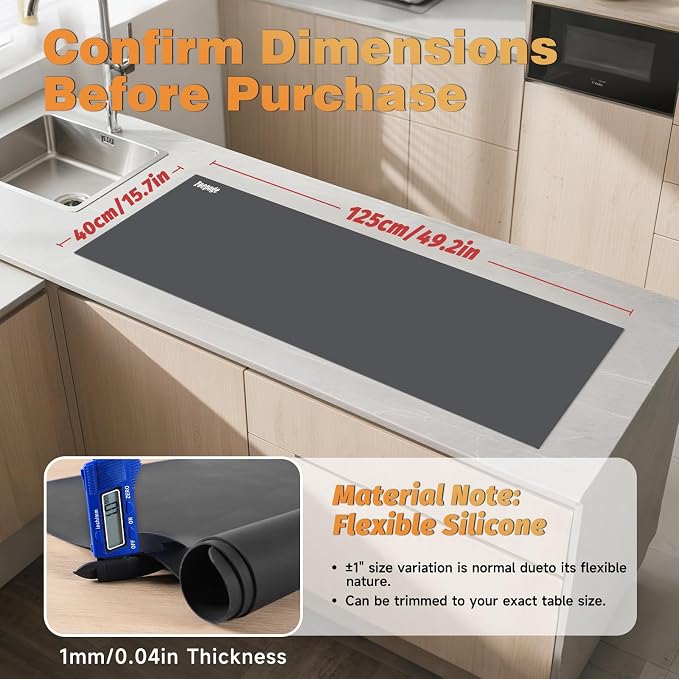 49.2" x 15.7" Large Silicone Mat for Kitchen Counter Protector, Cuttable Silicon Countertop Protector Mat Heat Resistant Mats for Countertop, Cut to Fit Placemat Ship Roll by Foepoge, Dark Grey