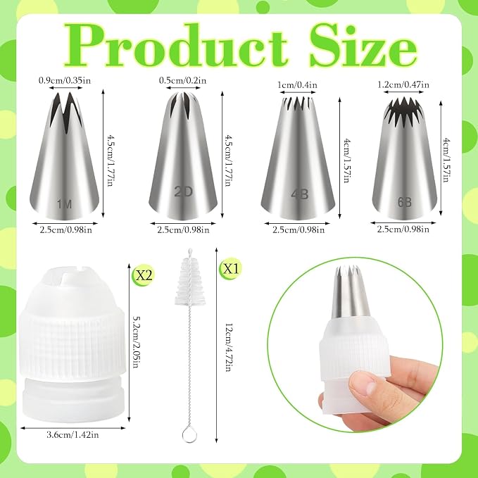 1M 2D 4B 6B Large Piping Tip and Piping Couplers Set, Stainless Steel Icing Tips, Cake Decorating Tips for Cake Cupcake Cookie DIY Shell Edge Spiral Flower Petal Decorating Tool