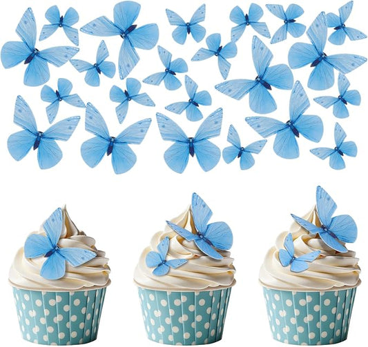 72PCS Edible Butterfly Cake Decorations Edible Butterfly Cake Topper Edibles Blue Paper Butterflies Cupcake Toppers for Wedding Spring Tea Party Flower & Butterflies Themed Birthday Baby Shower