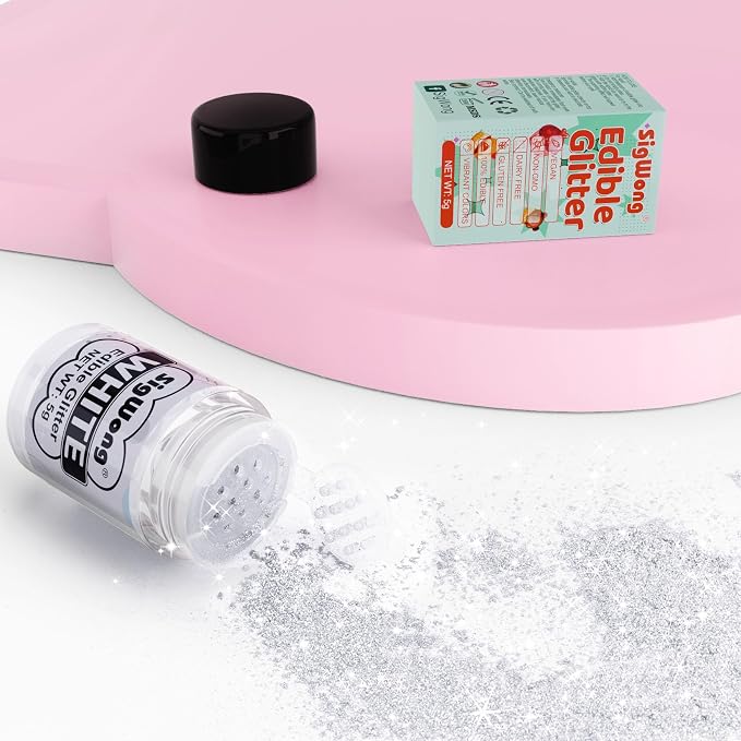 White Edible Glitter - 5g Food Grade Cake Decorating Shimmering Glitter, Edible Sprinkle Luster Dust for Drinks, Chocolates, Fondant, Strawberries, Cupcakes, Candy, Easter Cookie - Vegan