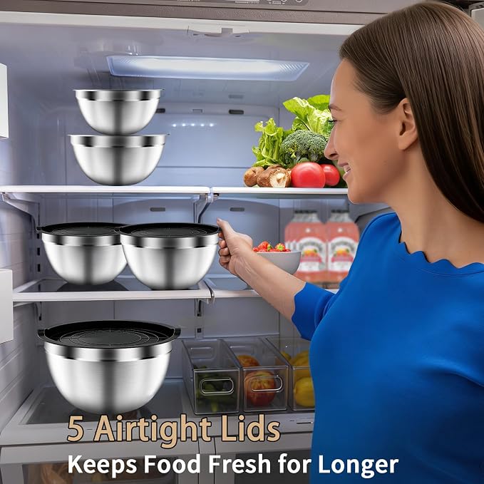 Mixing Bowls with Airtight Lids Set, 5 PCS Stainless Steel Black Nesting Bowls for Kitchen, Large Prep Metal Mixing Bowls for Kitchen, 5.5/4/3.5/2/1.5 QT for Mixing & Serving
