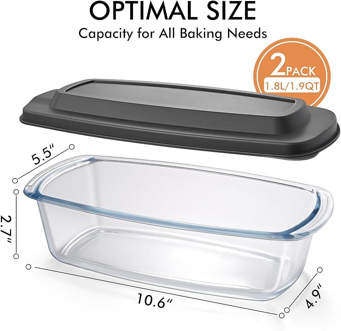 HOTEC 2-Pack LARGE 7.6 Cups/1800 ML/1.9 Qt Glass Loaf Pan, Microwave and Oven Safe - Loaf Pans For Food Storage Container, Bakeware for Bread, Lasagna, Potatoes, Meal Prep, Airtight Lid