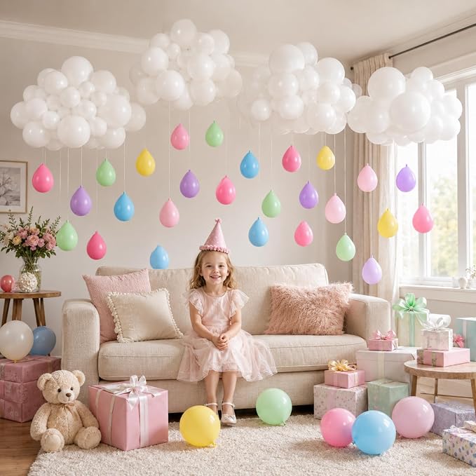 243 Pcs Cloud Balloon Garland Kit, Pastel Rainbow Raindrop Balloons with White Cloud, 5 10 12 Inch Macaron Latex Balloons for Baby Shower Birthday Classroom Rainbow Party Decorations