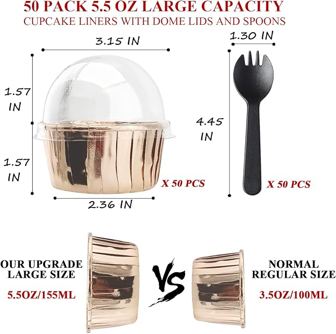 5oz Baking Cups with Lids 50 Pack,LNYZQUS Foil Cupcake Liners Muffin Tins,Disposable Ramekins Pans Muffin Cups Jumbo Cupcake Wrappers Holders for Wedding Party-Champagne
