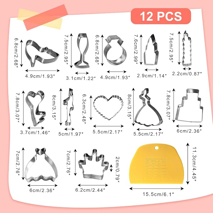 Wedding Cookie Cutter Set - 12Pcs Mini Cookie Cutters Variety Pack with Dough Scraper, Stainless Steel Valentine's Day and Anniversary Cookie Mold for Biscuits, Fondant
