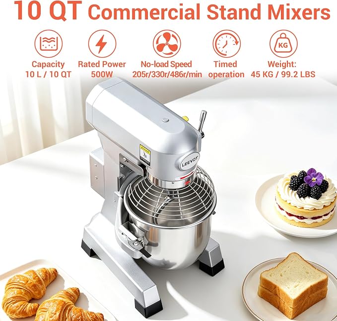 Commercial Food Mixer 10Qt. It can be set to run for 60 minutes at a time,500W Dough Mixer with Stainless Steel Bowl Dough Hooks Whisk Beater, With Safety Guard for Bakeries Restaurants Pizzerias