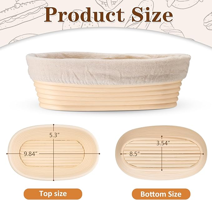 P&P CHEF Sourdough Bread Proofing Basket Set of 6, 10 Inch Oval Dough Proofing Bowls, Sourdough Bread Baking Supplies for Bakers, Handmade Rattan Baskets with Cloth Liner