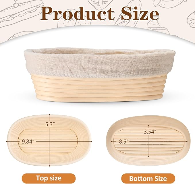 P&P CHEF Sourdough Bread Proofing Basket Set of 2, 10 Inch Oval Dough Proofing Bowls, Sourdough Bread Baking Supplies for Bakers, Handmade Rattan Baskets with Cloth Liner
