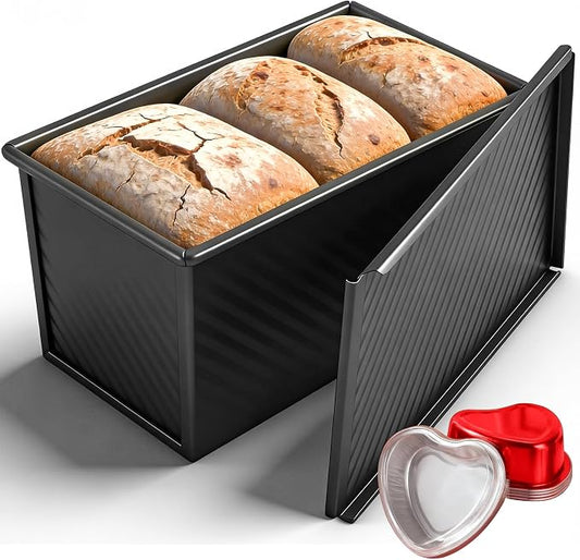 Saiveina 【5 Bonus Heart Shaped Cake Pans 】 Pullman Loaf Pan with Lid, 1 lb Bread Loaf Pan Non-Stick Carbon Steel, Square Bakeware for Sandwich, Shokupan, Pain de Mie, Sourdough, Toast, Black