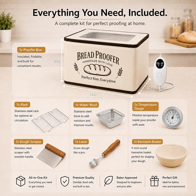 Bread Proofing Box - Folding Dough Proofer - Foldable Sourdough Warmer - 70-158°F Temp and 48H Timer Controller - Bread Making Kit with Dough Warming Box, Banneton Basket, Lame, Scraper, Metal Rack