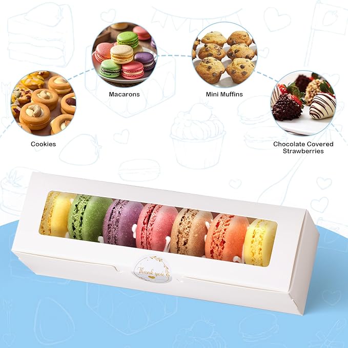 50 Pack Macaron Boxes with Window - 7.3x2x2 in Macaron Packaging Containers Holds 6-8 pcs, Small Cookie, Candy and Truffle Boxes for Gift Giving